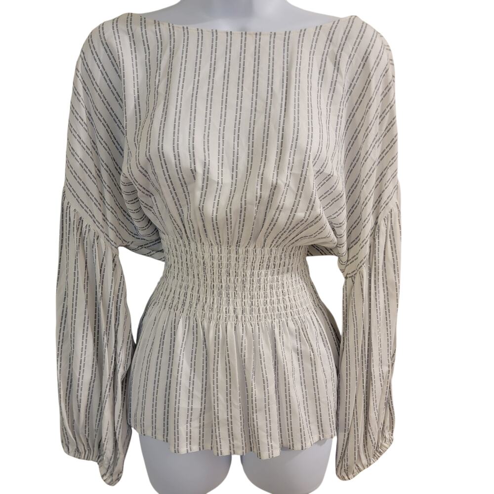 Antonio Melani Ivory Navy Striped Smocked Waist Balloon Sleeve Blouse L